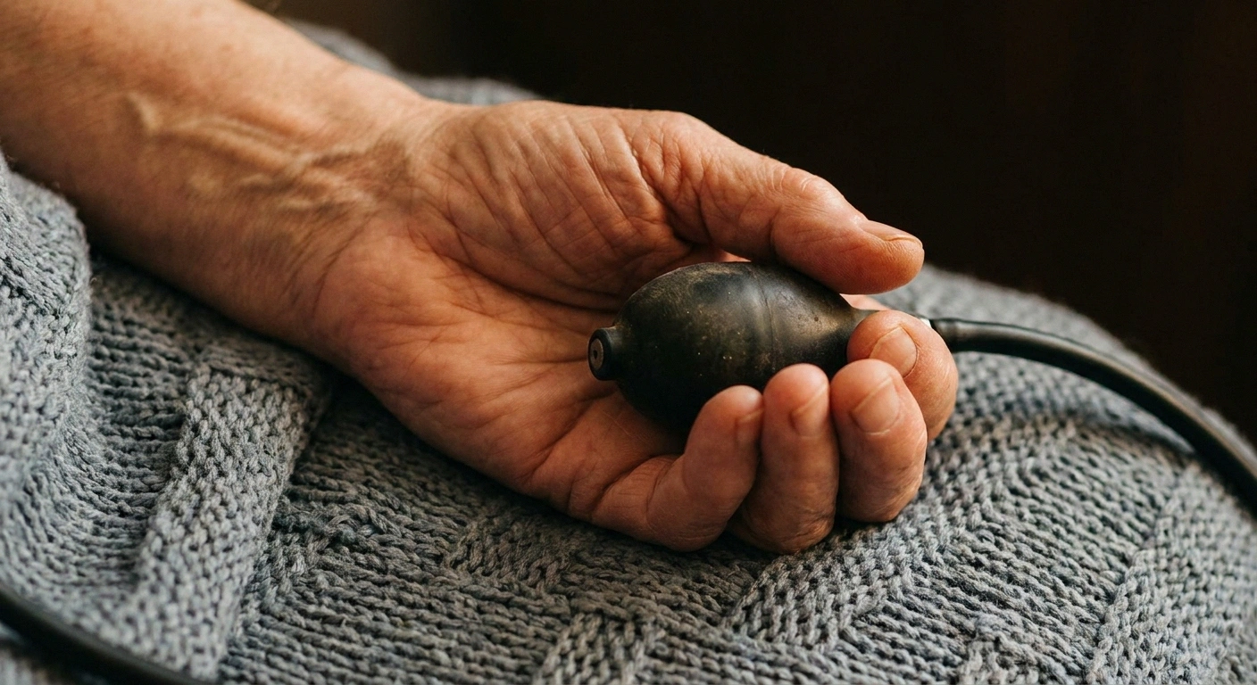 An older adult's hand loosely holding an MRI alarm bulb resting on a blanket