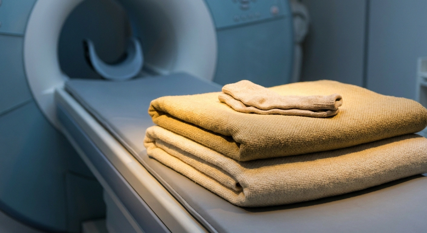 Folded blankets and plain cotton socks resting on the end of a scanner table