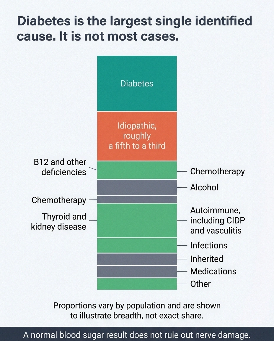 Stacked bar showing diabetes as one of many established causes of peripheral neuropathy