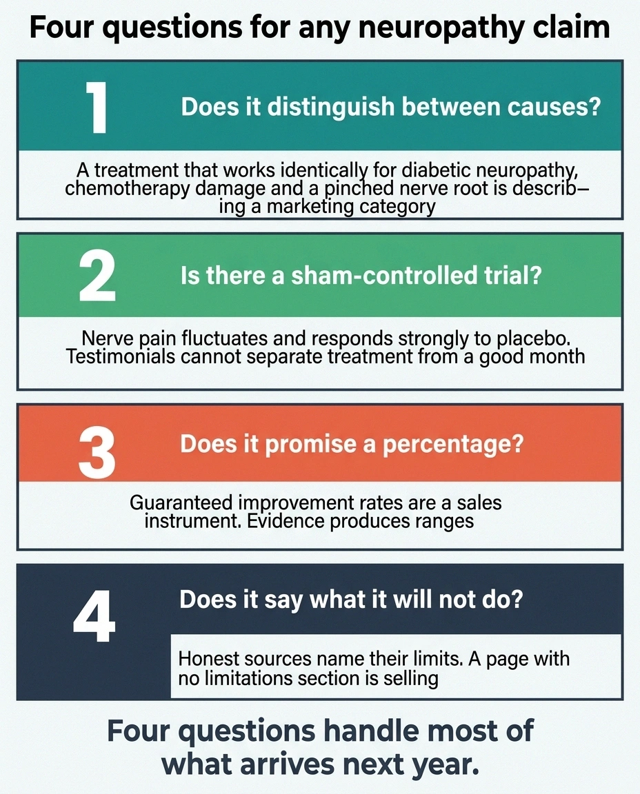 Four-panel card listing the questions to ask about any neuropathy treatment claim