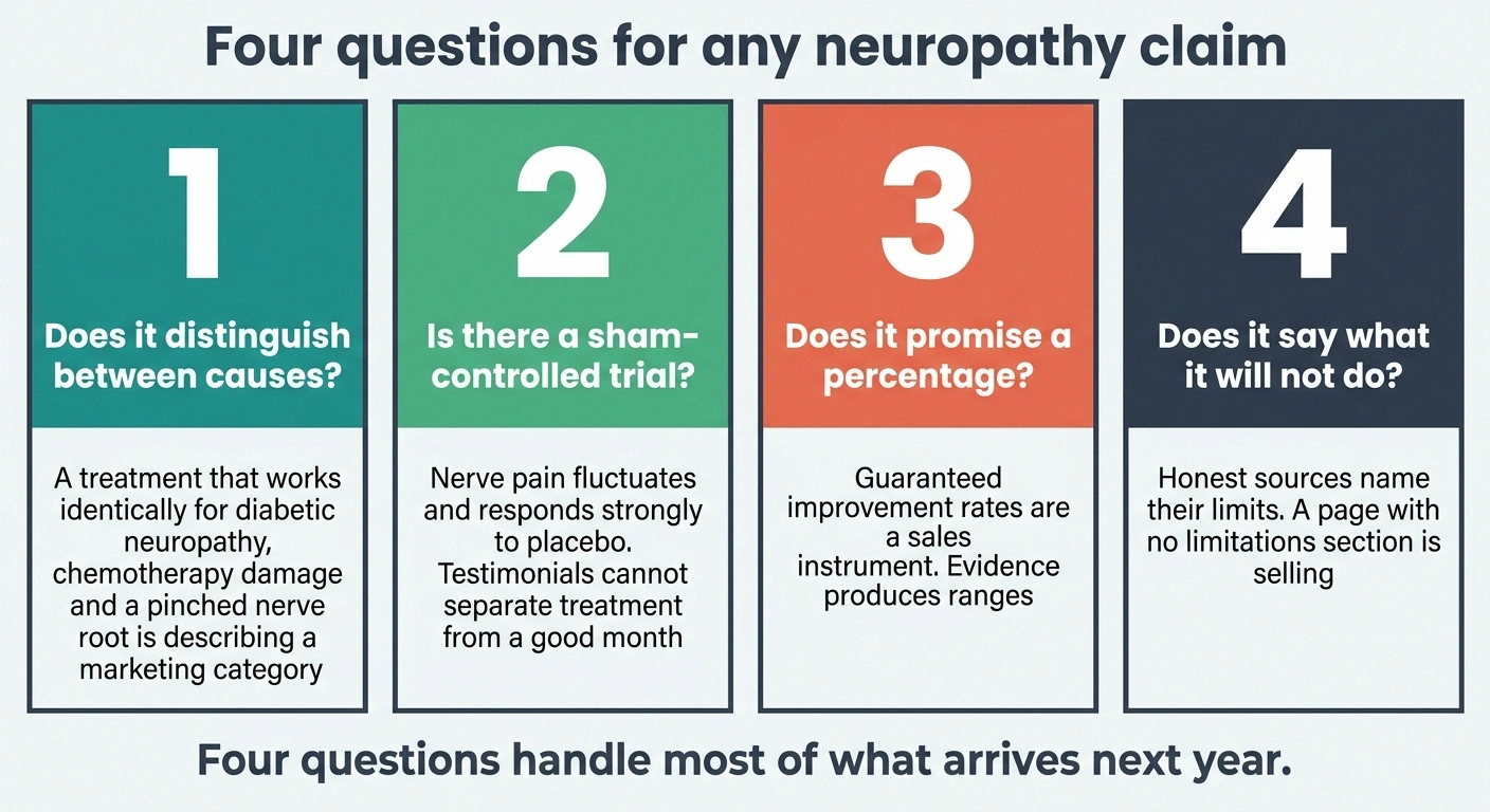 Four-panel card listing the questions to ask about any neuropathy treatment claim