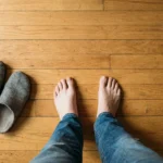 Bare feet standing on a wooden kitchen floor with worn slippers nearby