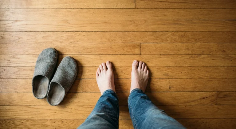 Bare feet standing on a wooden kitchen floor with worn slippers nearby