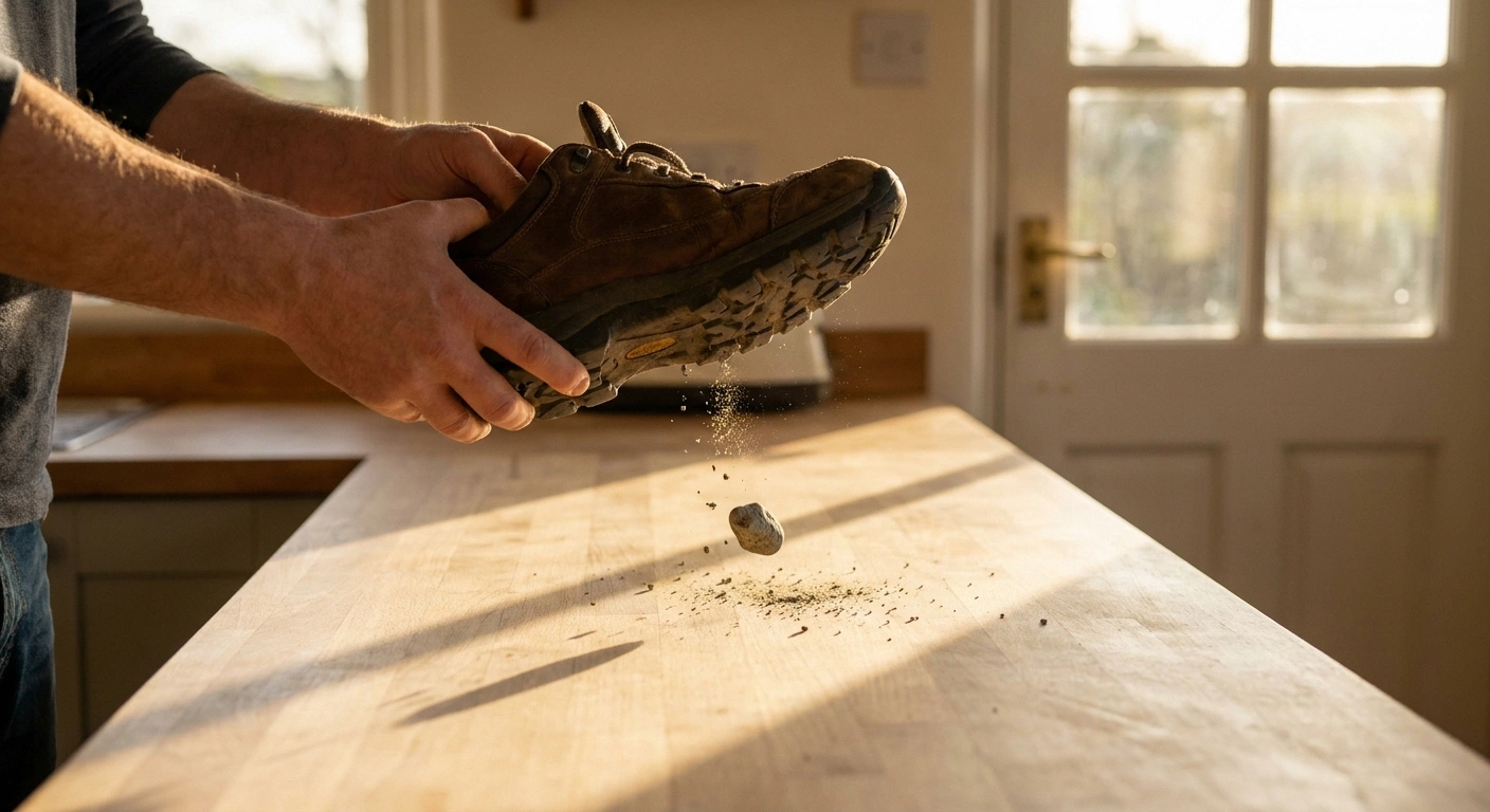 A small stone falling from an upturned walking shoe onto a kitchen worktop
