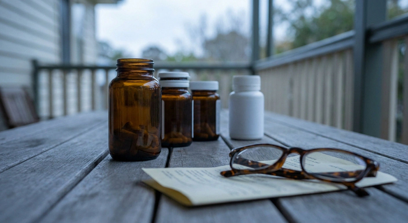 Row of plain unlabelled supplement containers beside a folded lab slip and reading glasses