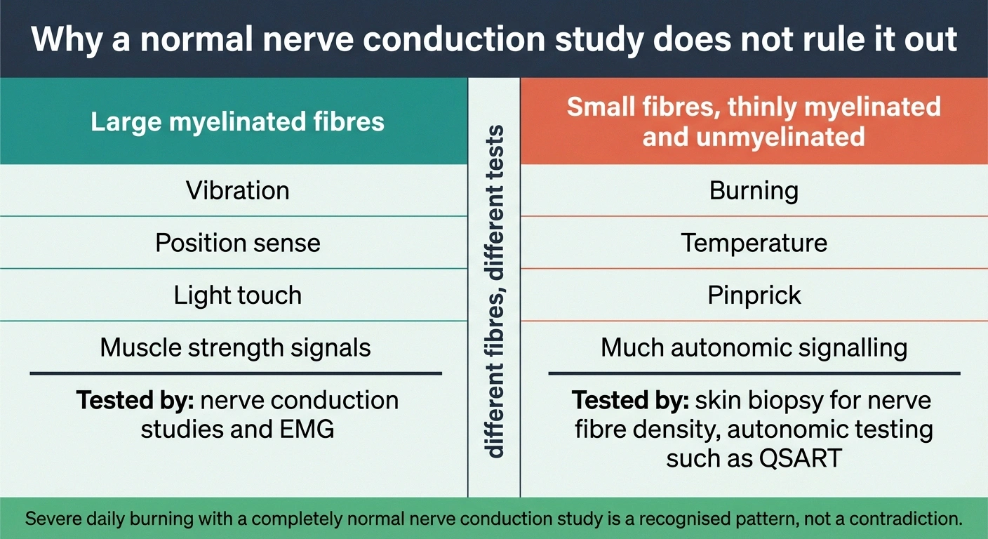 Diagram contrasting large fibre and small fibre symptoms and which test detects each