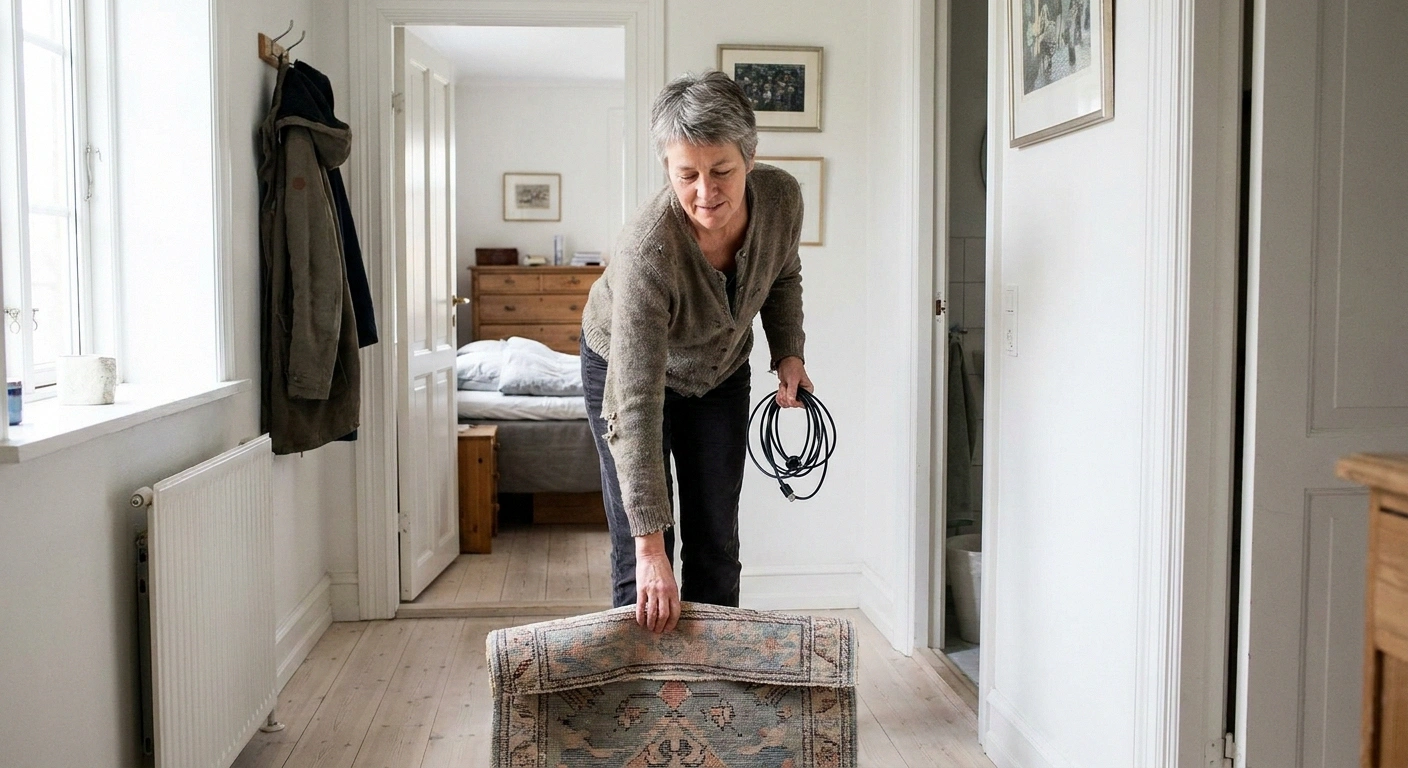 Woman rolling up a loose hallway rug in bright morning daylight
