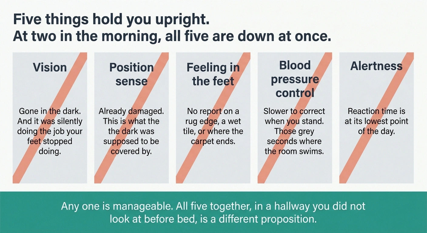 Diagram showing five balance systems all unavailable during a night-time bathroom trip