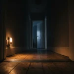 Dark hallway at night lit only by a small low light near the floor