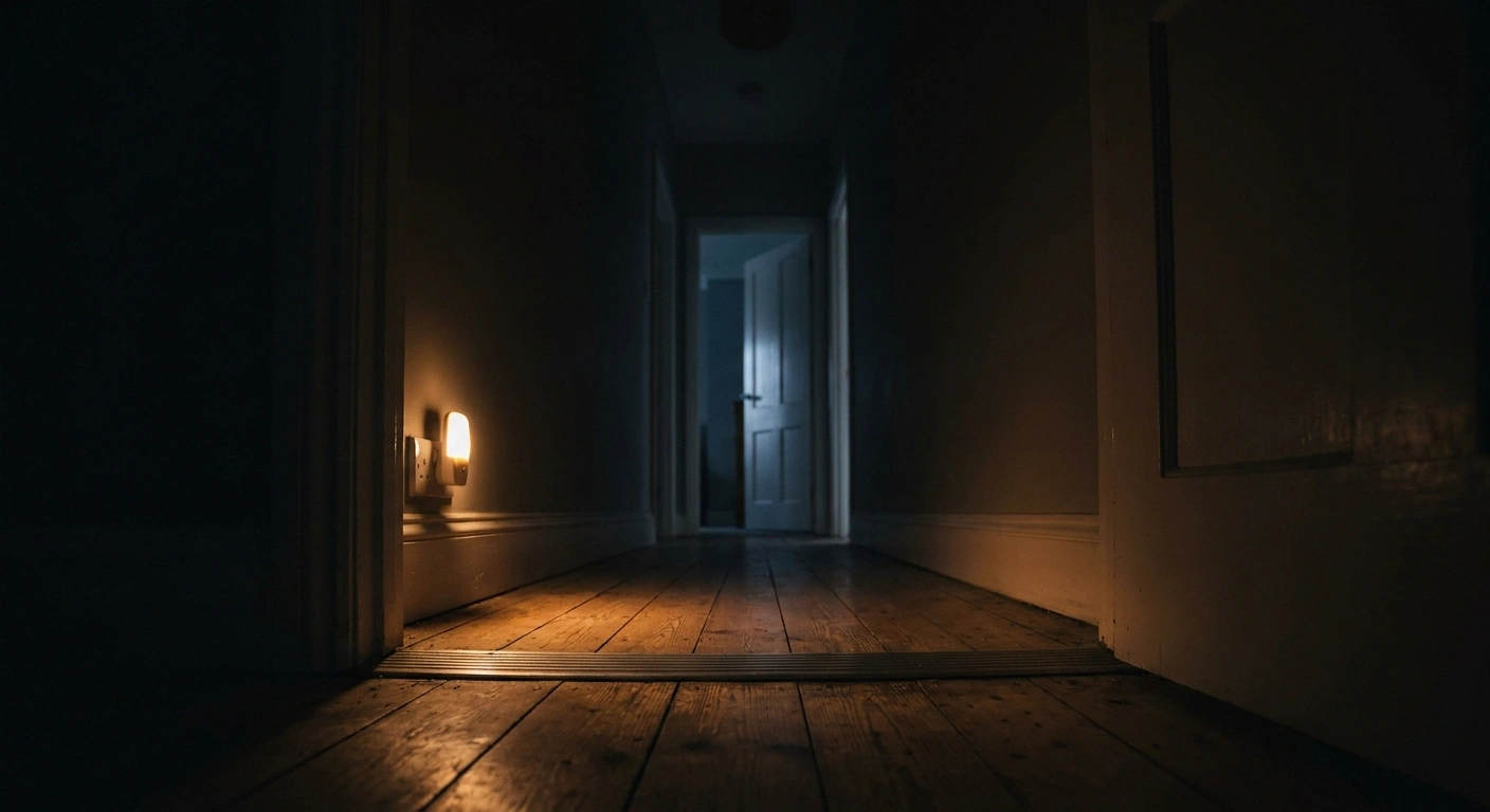 Dark hallway at night lit only by a small low light near the floor