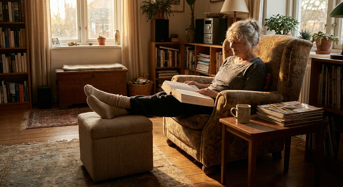 Woman reading with her legs elevated on an ottoman in warm late afternoon light