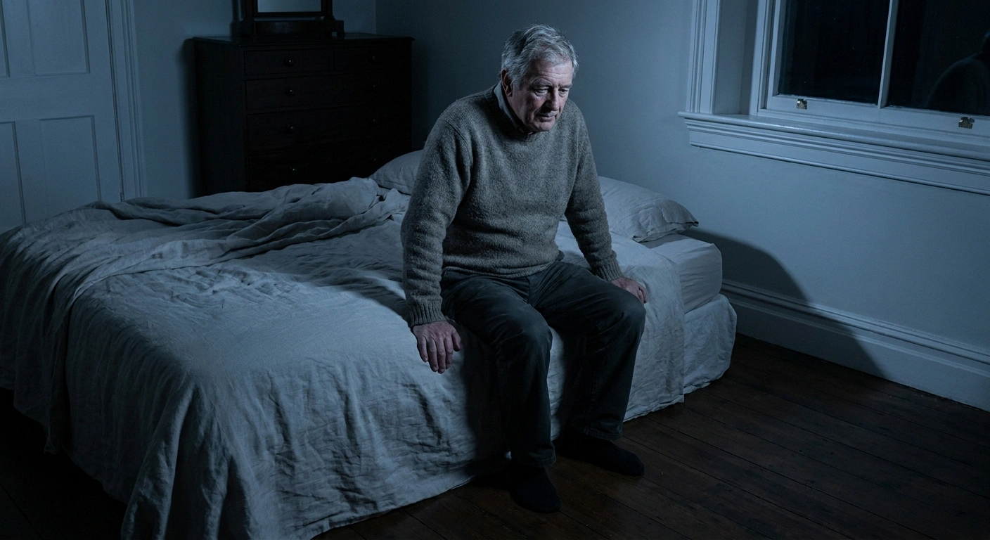 Man sitting on the edge of a bed in a moonlit bedroom before standing up