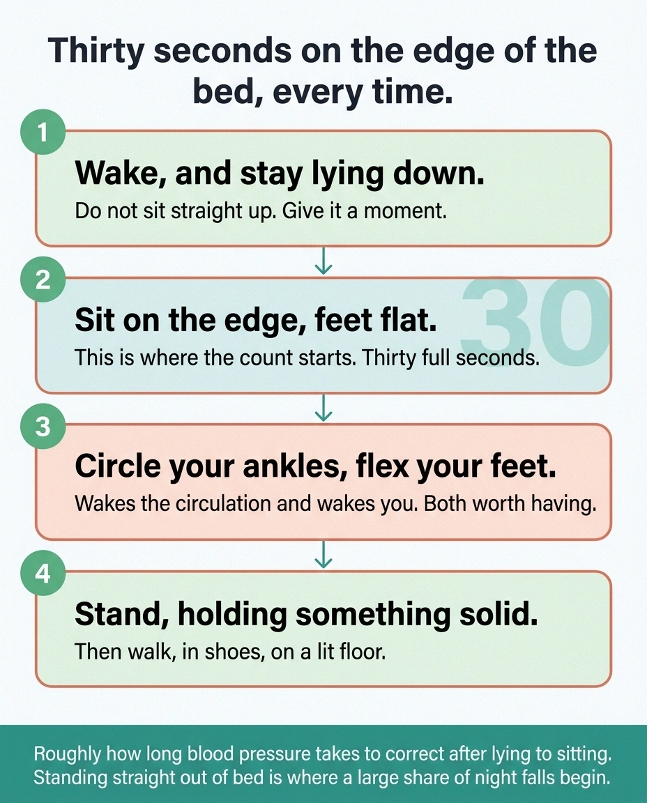 Four-stage card showing the thirty-second pause on the edge of the bed before standing