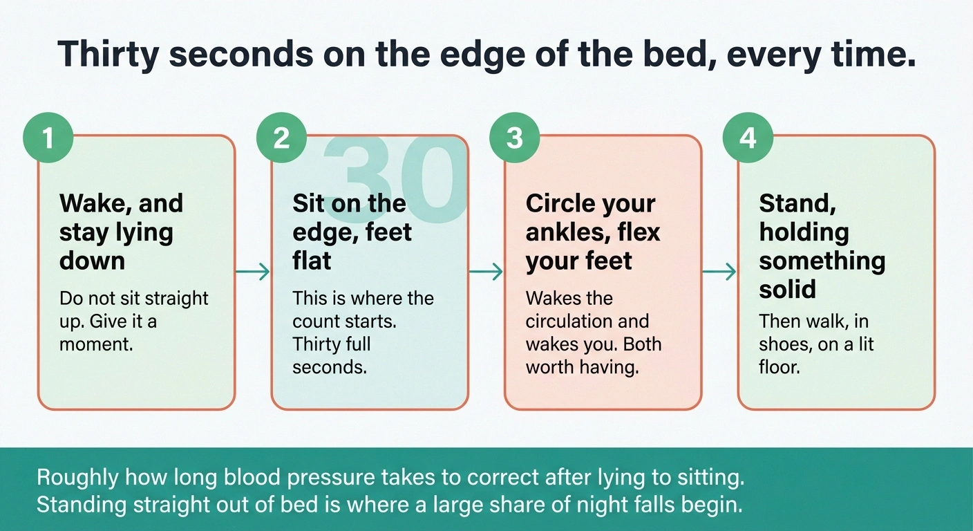 Four-stage card showing the thirty-second pause on the edge of the bed before standing