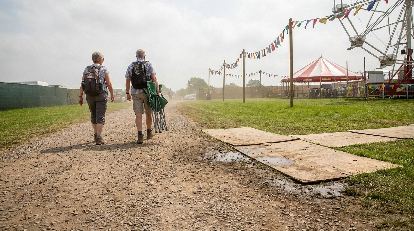 Path into a county fair changing from gravel to grass to plywood with tents ahead