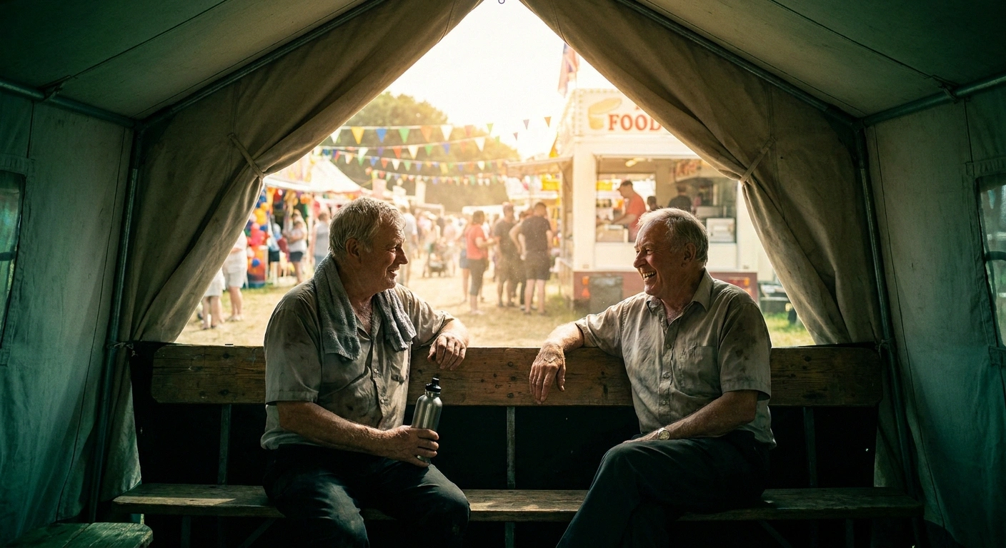 Man resting in tent shade with a water bottle and neck cloth, sunlit fair beyond