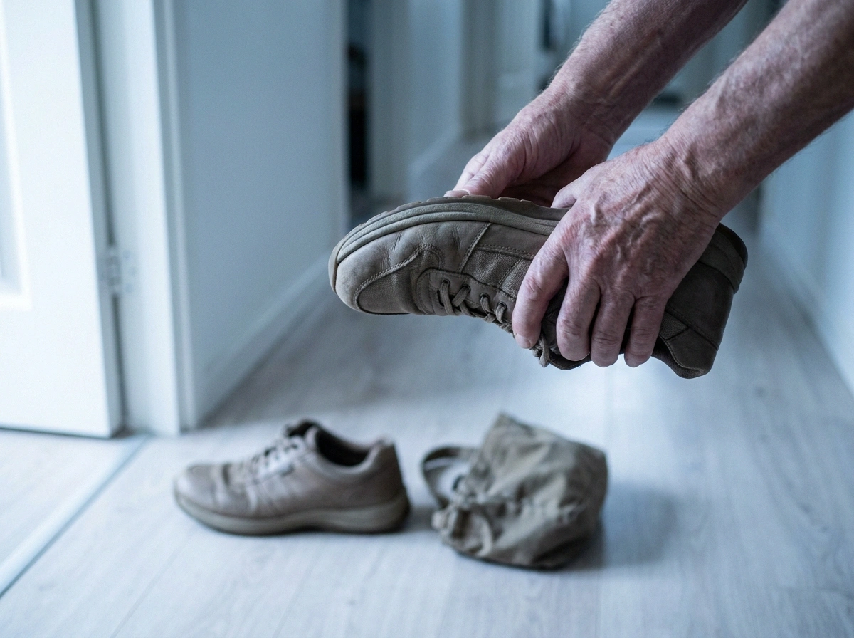 Hands twisting a walking shoe end to end to test how stiff the sole is