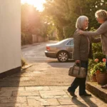 Woman with an overnight bag greeted warmly at a front door at sunset