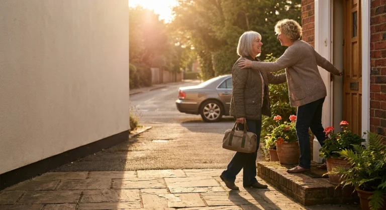 Woman with an overnight bag greeted warmly at a front door at sunset