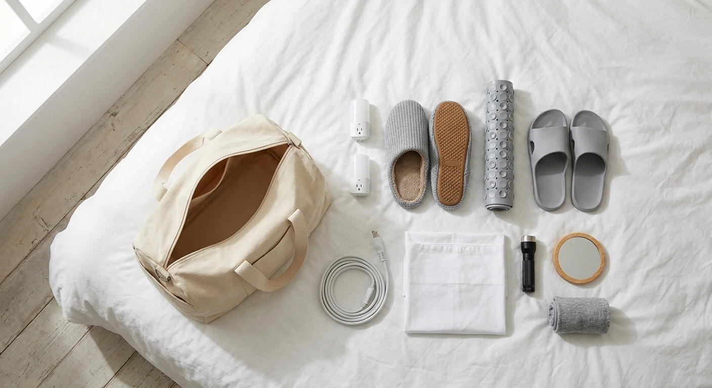 Overhead view of an overnight bag with night lights, slippers and bath mat