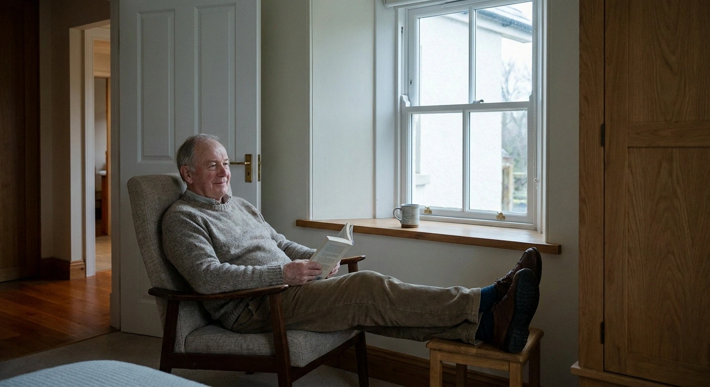 Older man reading contentedly in a guest room armchair with the door ajar