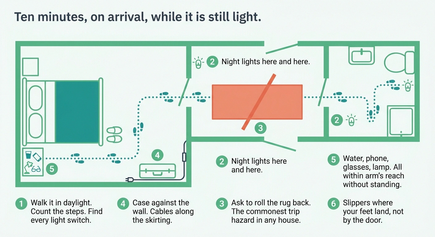 Floor plan showing the bedroom to bathroom route with six arrival setup actions