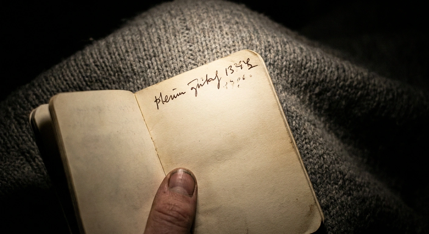 Close overhead view of a brief handwritten pain entry in a pocket notebook