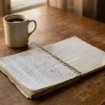 Handwritten neuropathy pain log in a notebook on a kitchen table