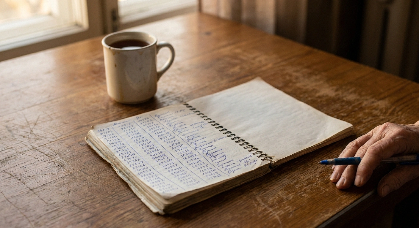 Handwritten neuropathy pain log in a notebook on a kitchen table