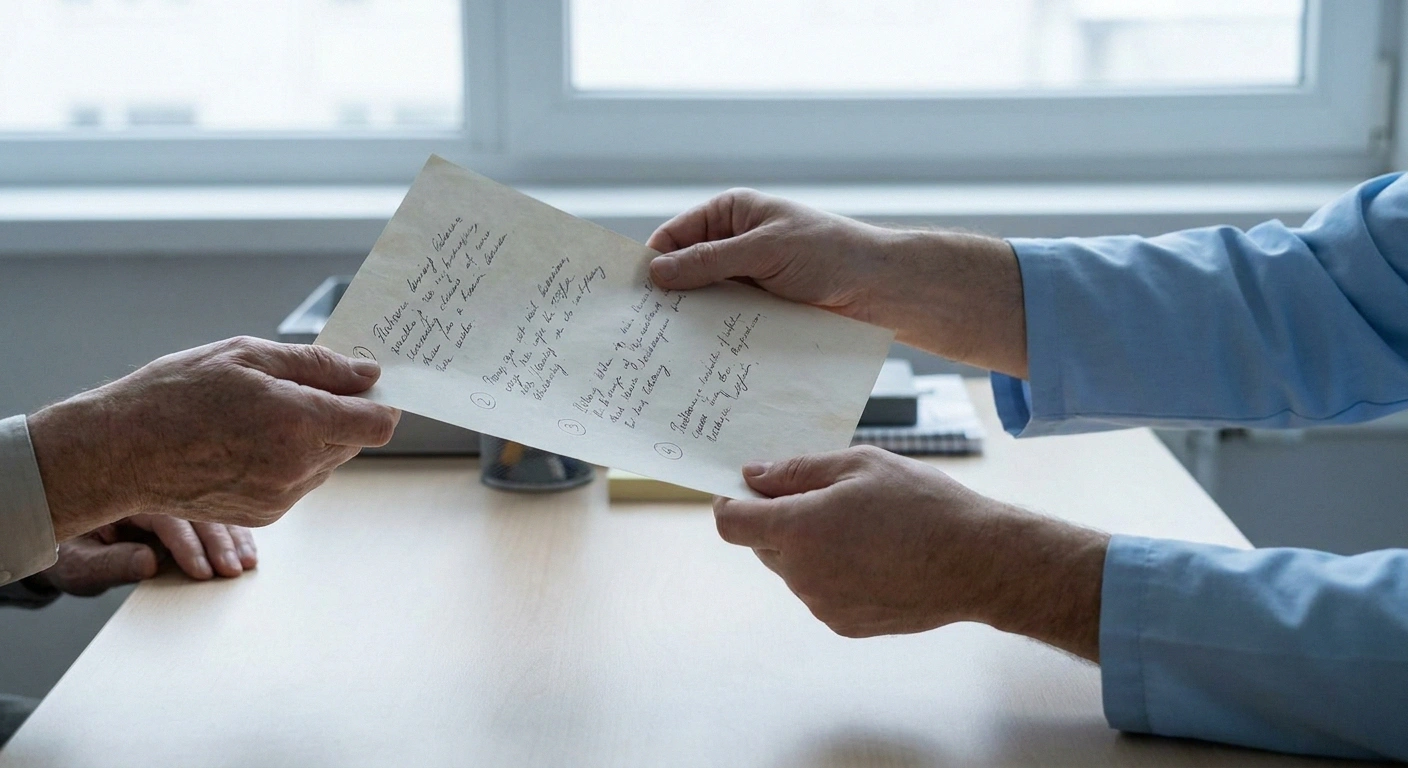A one-page pain summary being handed across a desk at an appointment