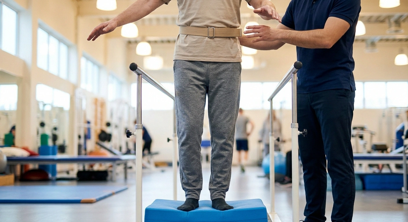 A person balancing on a foam pad wearing a gait belt with a therapist standing close by