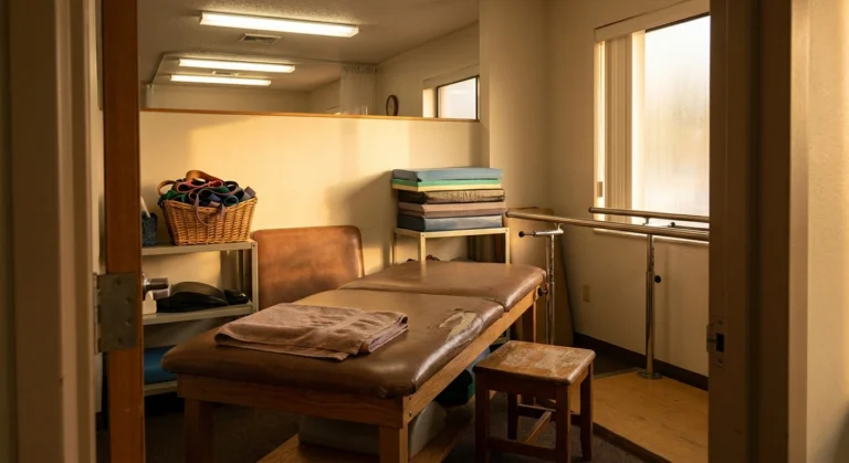 A physical therapy treatment bay with a padded table, parallel bars and resistance bands