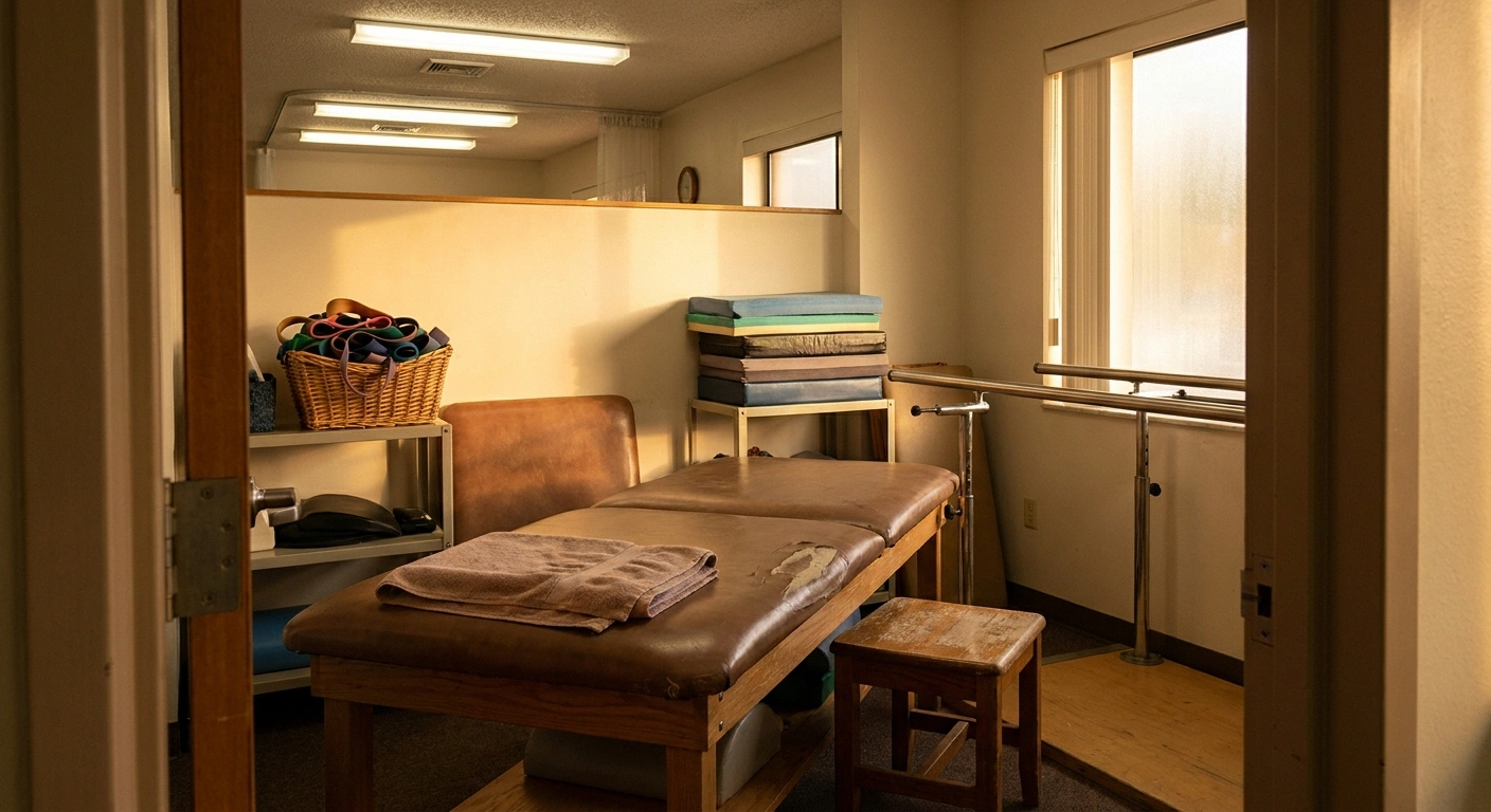 A physical therapy treatment bay with a padded table, parallel bars and resistance bands
