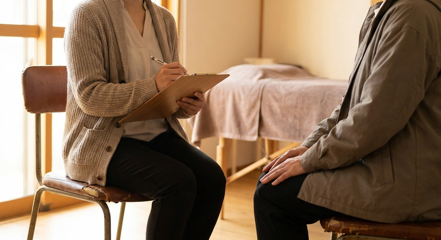 A therapist writing on a clipboard while seated across from a patient in a clinic room