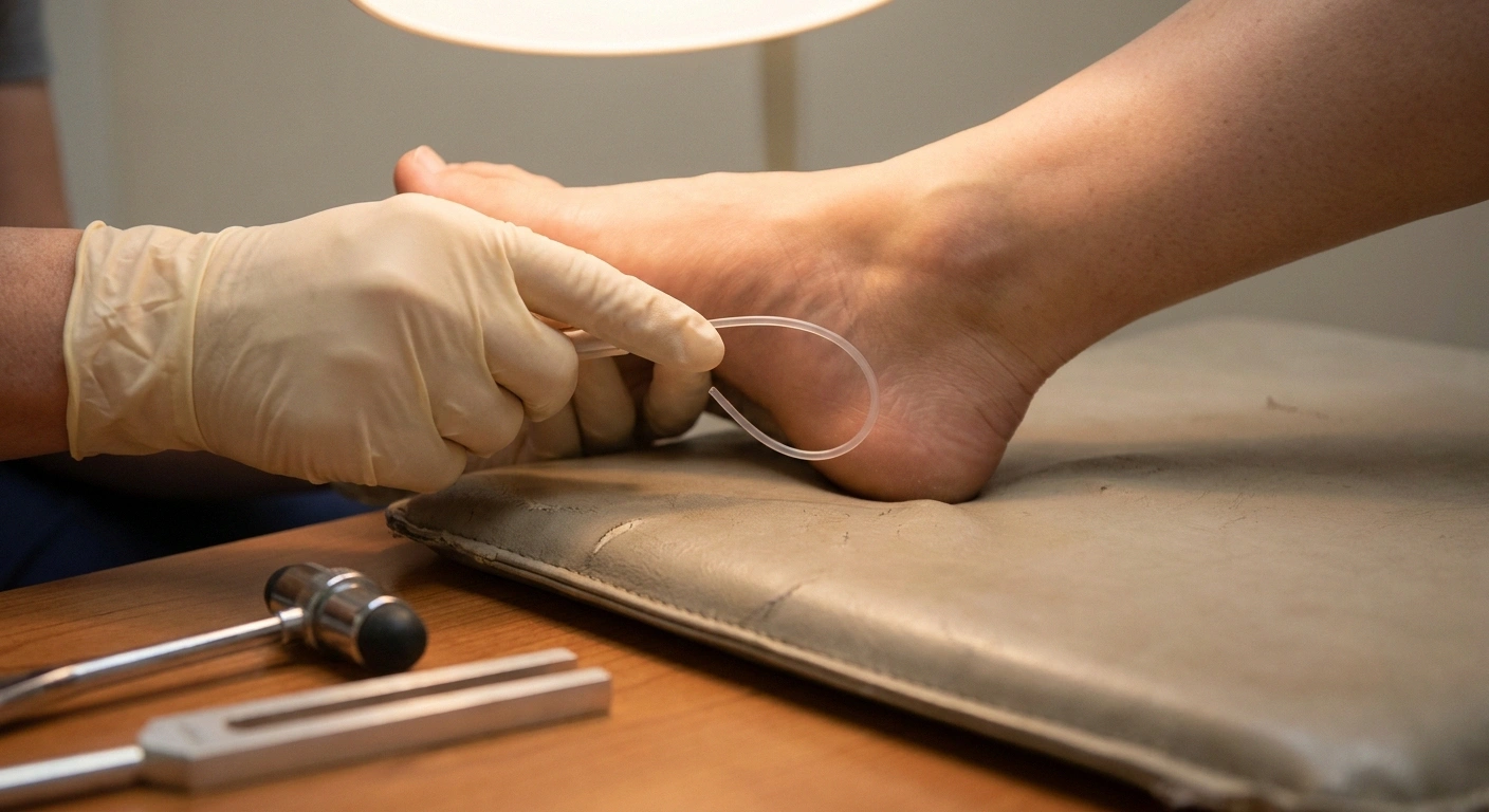 A monofilament bending against the sole of a bare foot during sensation testing