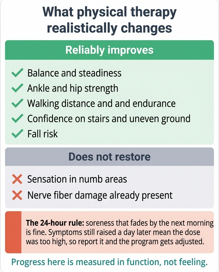 Two-column panel showing what physical therapy improves and what it does not restore