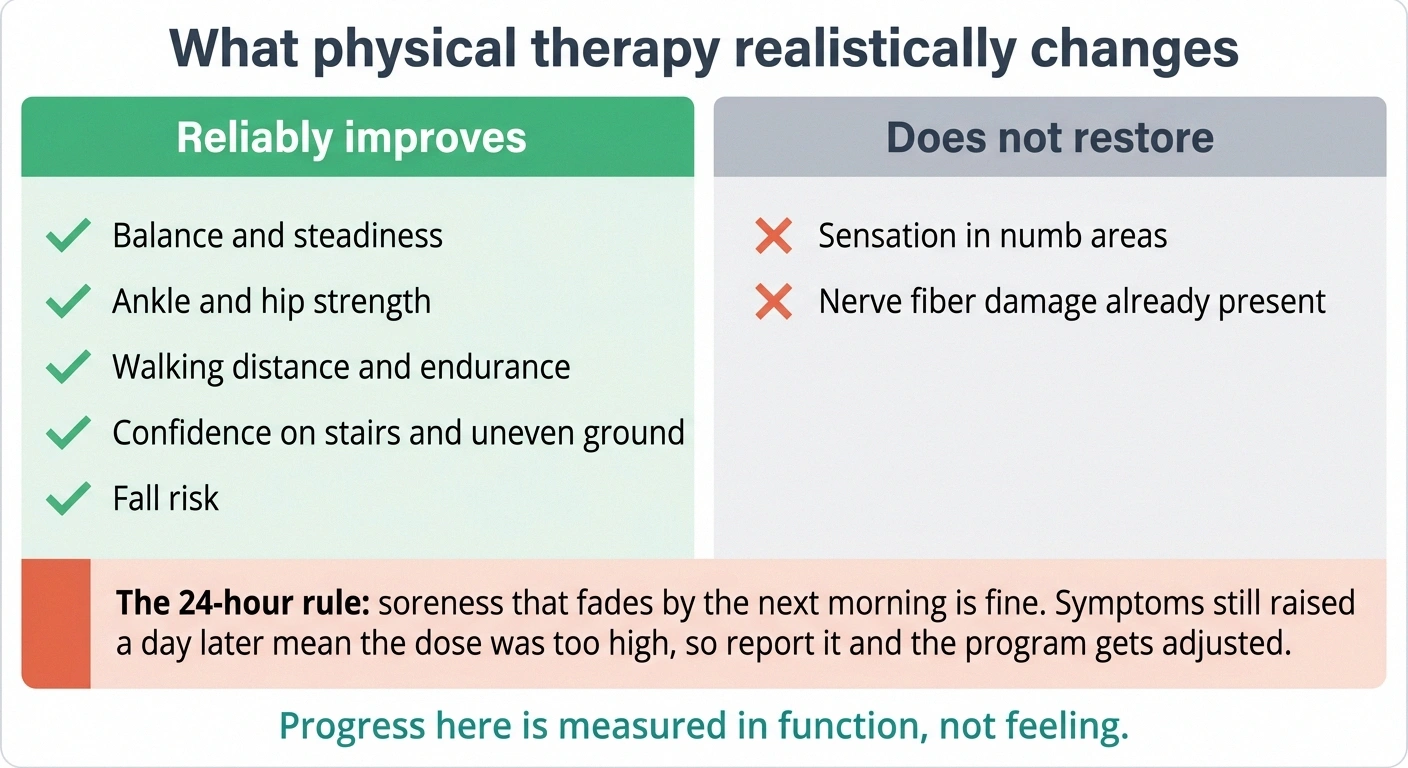 Two-column panel showing what physical therapy improves and what it does not restore