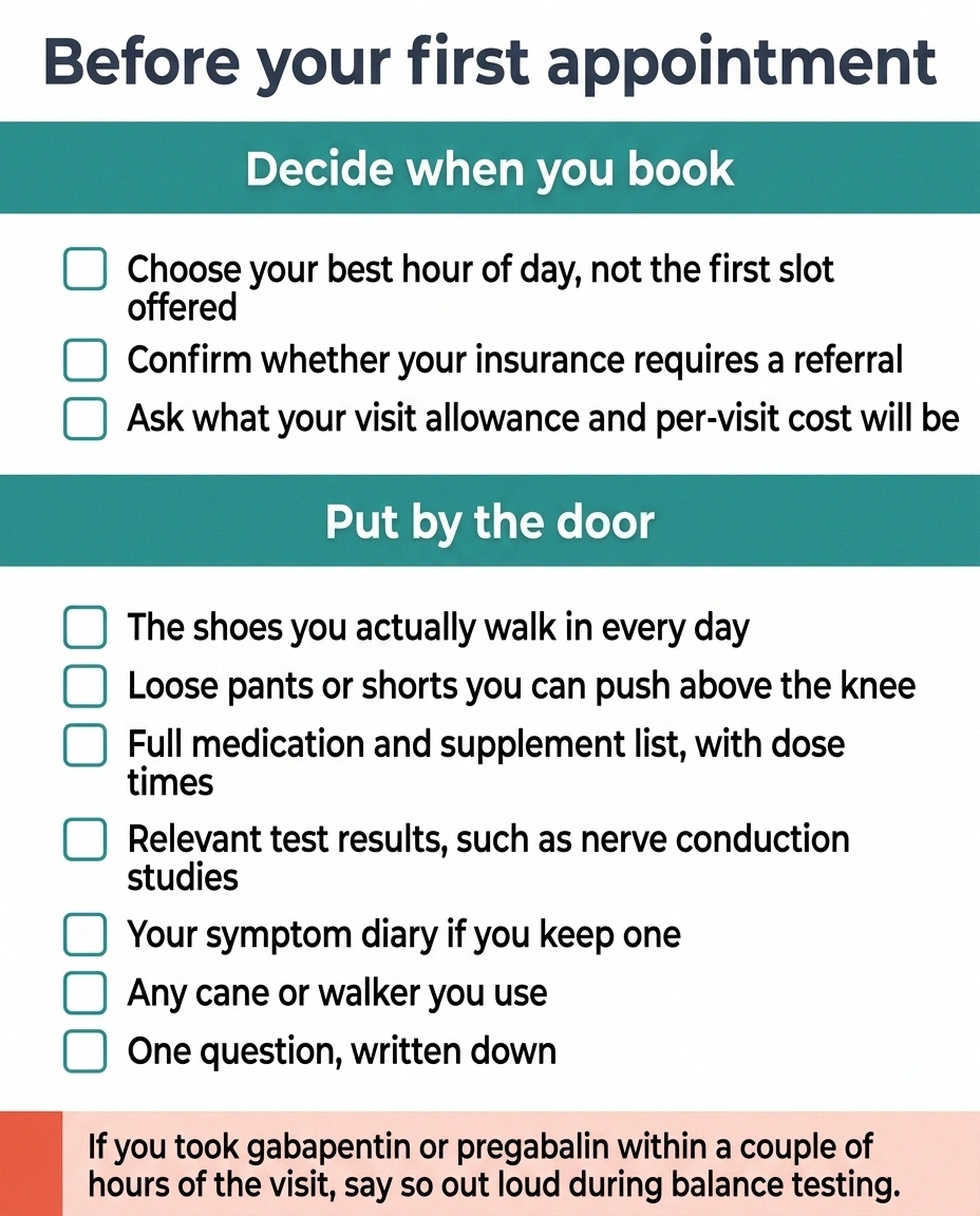 Two-panel checklist of what to decide when booking and what to bring to physical therapy