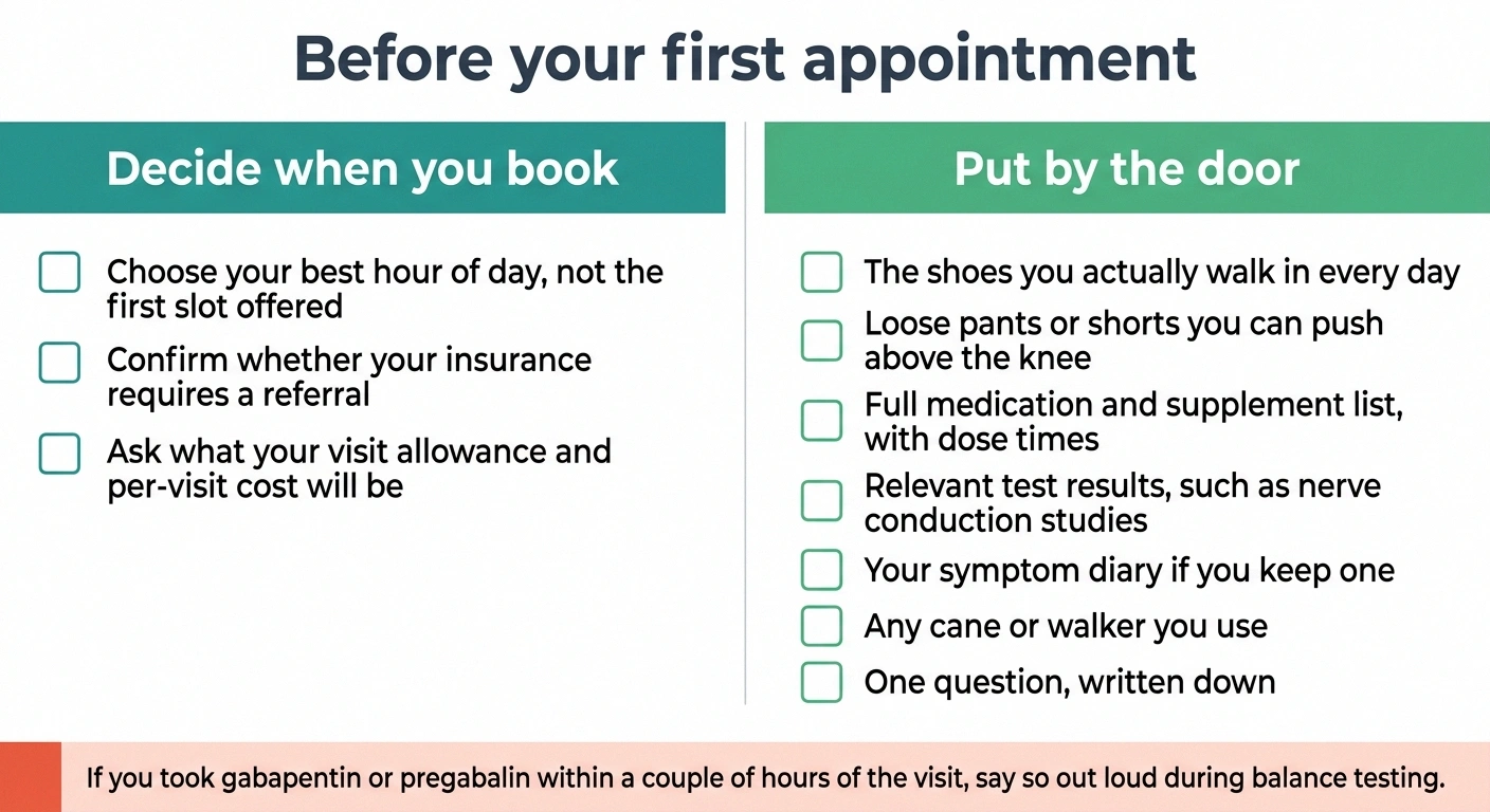 Two-panel checklist of what to decide when booking and what to bring to physical therapy