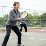 Woman in her sixties in a ready position at the kitchen line of a pickleball court