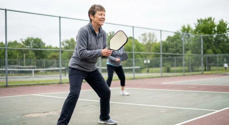 Woman in her sixties in a ready position at the kitchen line of a pickleball court