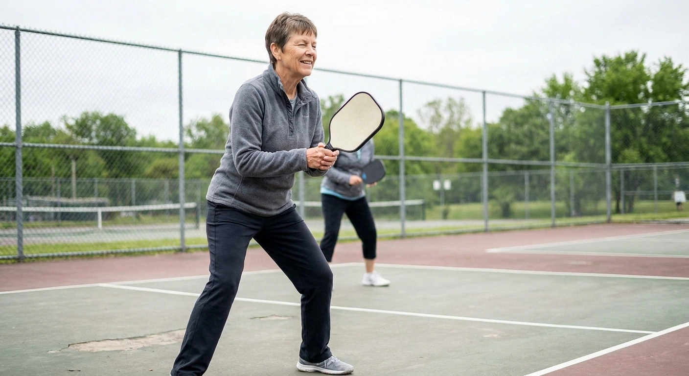 Woman in her sixties in a ready position at the kitchen line of a pickleball court