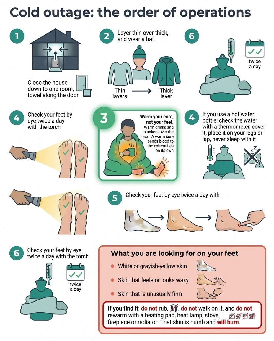 Reference card of cold outage steps and the frostbite signs to check by eye
