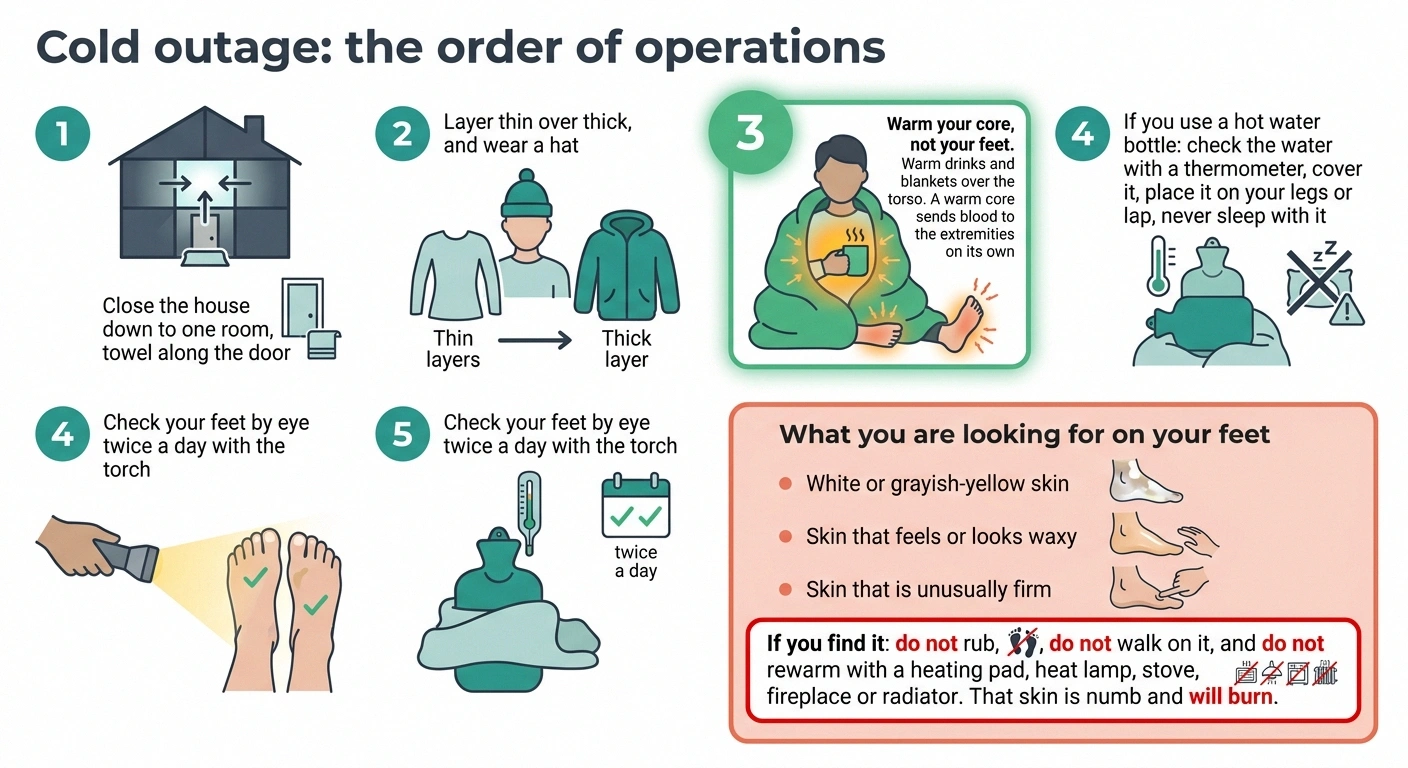 Reference card of cold outage steps and the frostbite signs to check by eye