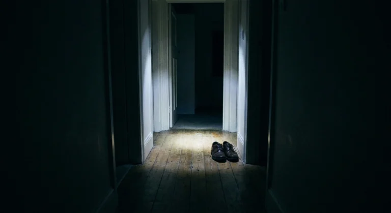 Dark hallway lit by a single head torch beam with shoes on the floor ahead