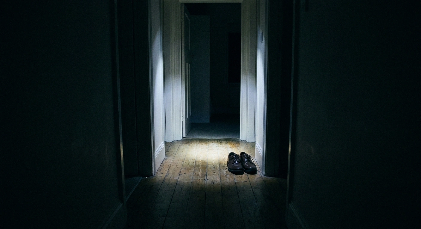 Dark hallway lit by a single head torch beam with shoes on the floor ahead