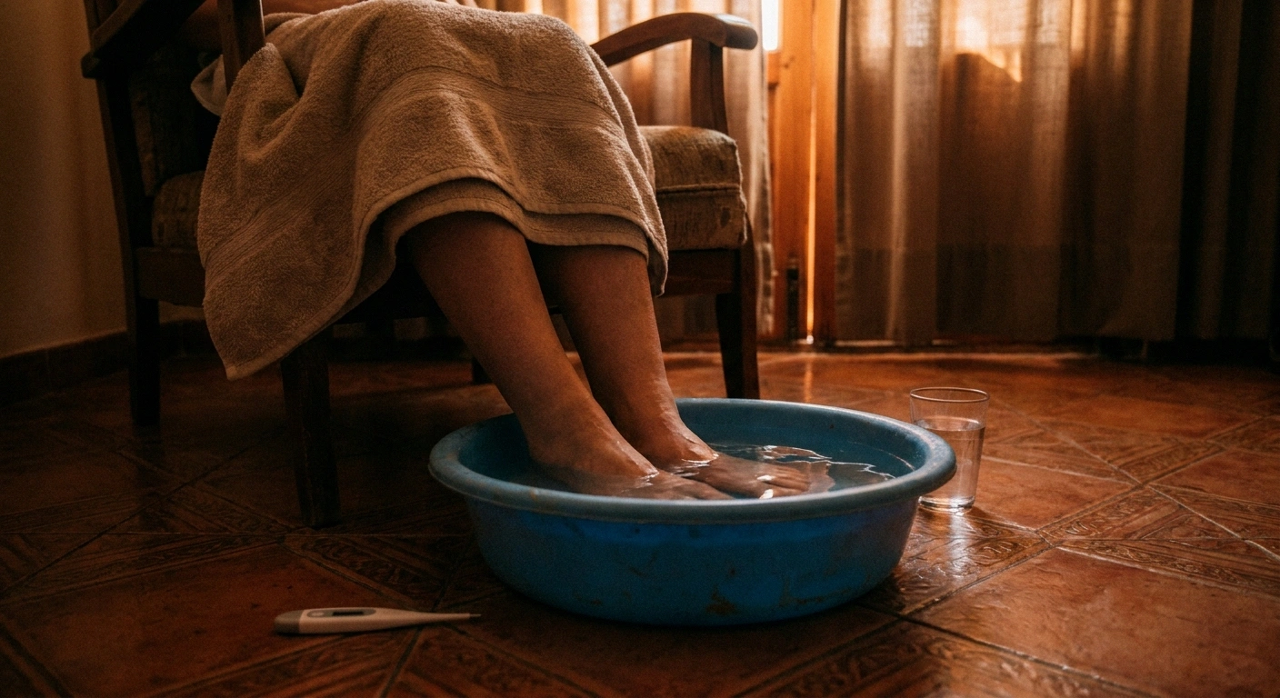 Bare feet in a shallow basin of cool water on a tiled floor behind drawn curtains