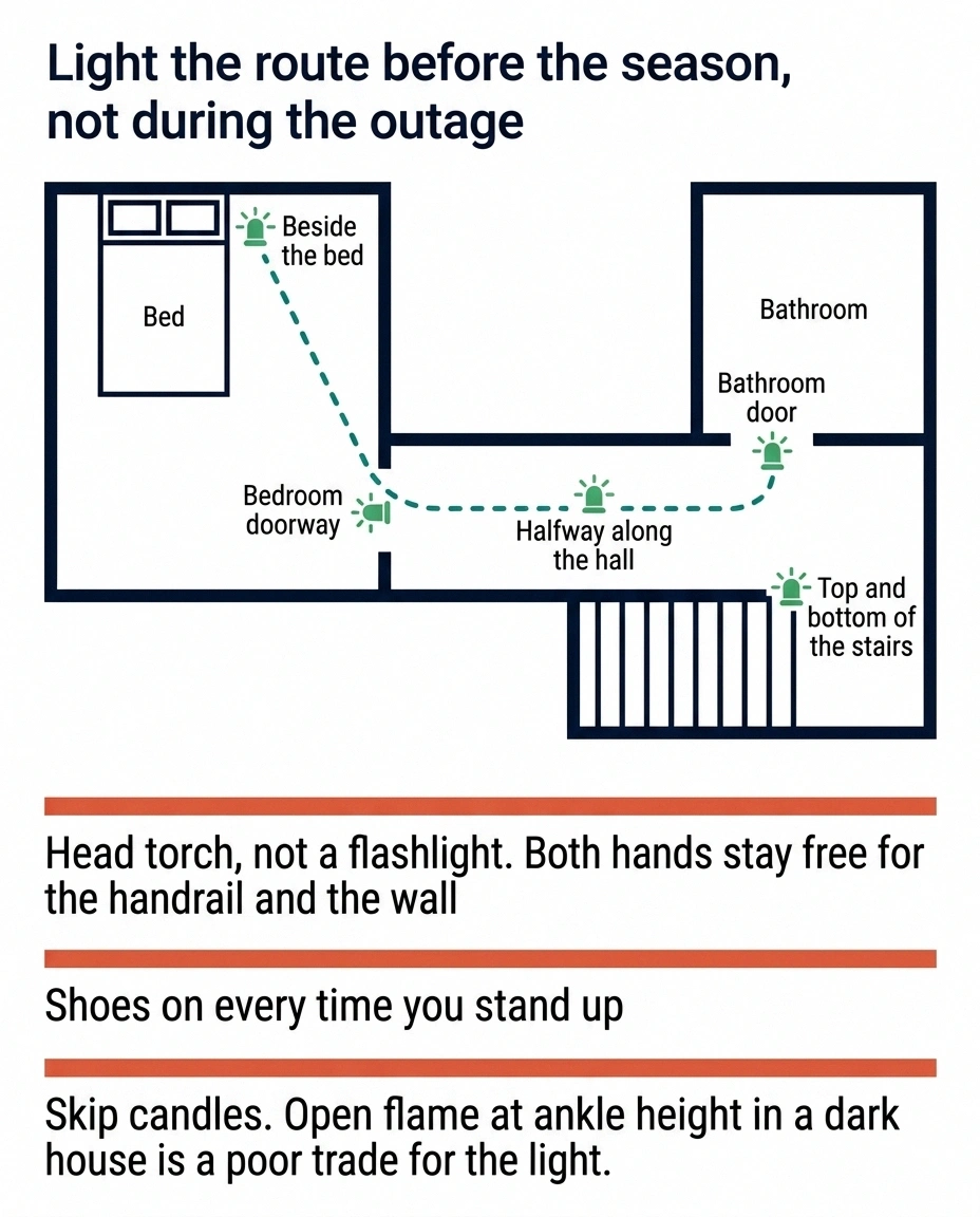 Floor plan showing where to place battery lights along the bed to bathroom route