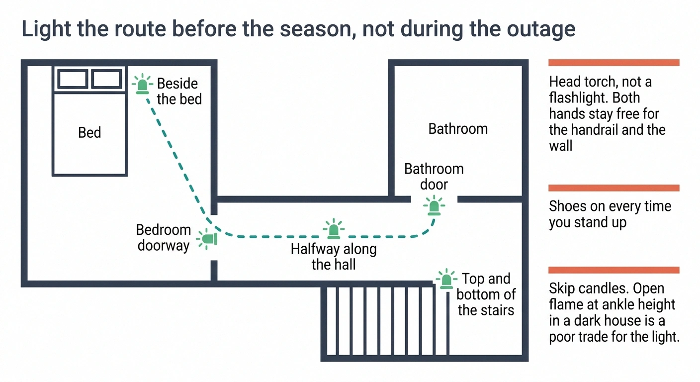 Floor plan showing where to place battery lights along the bed to bathroom route