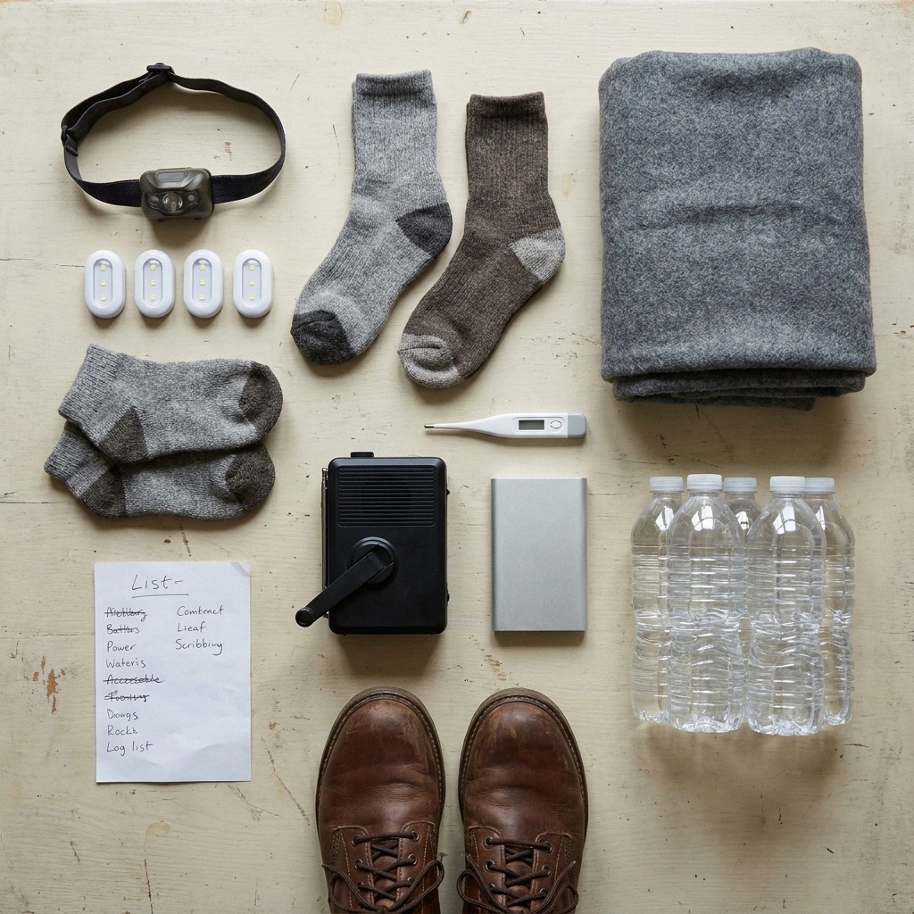 Overhead flat-lay of an outage kit including head torch, socks and thermometer